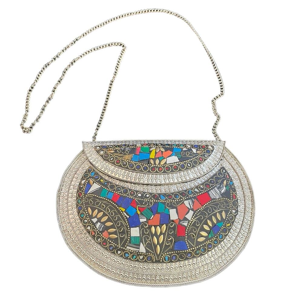 RAMLA L'Oriental Handmade Silver Multicolor Mosaic Metal Crossbody Clutch New